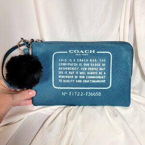 Coach 2017 Large Teal Wristlet Makeup Bag w/ Story Patch ~ F36658  + Pompom NWOT